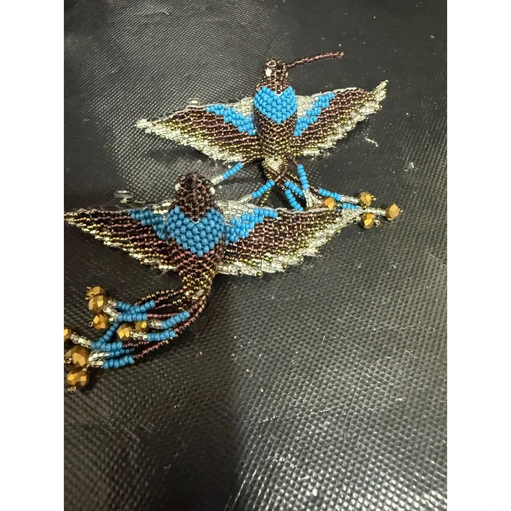 2 Handmade Beaded Hummingbird Hair Clip Blue Bronze Seed Bead Barrette Accessory